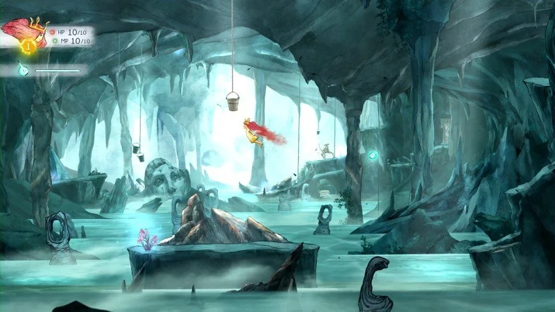 Child of Light Aurora and Igniculus in a palace cave