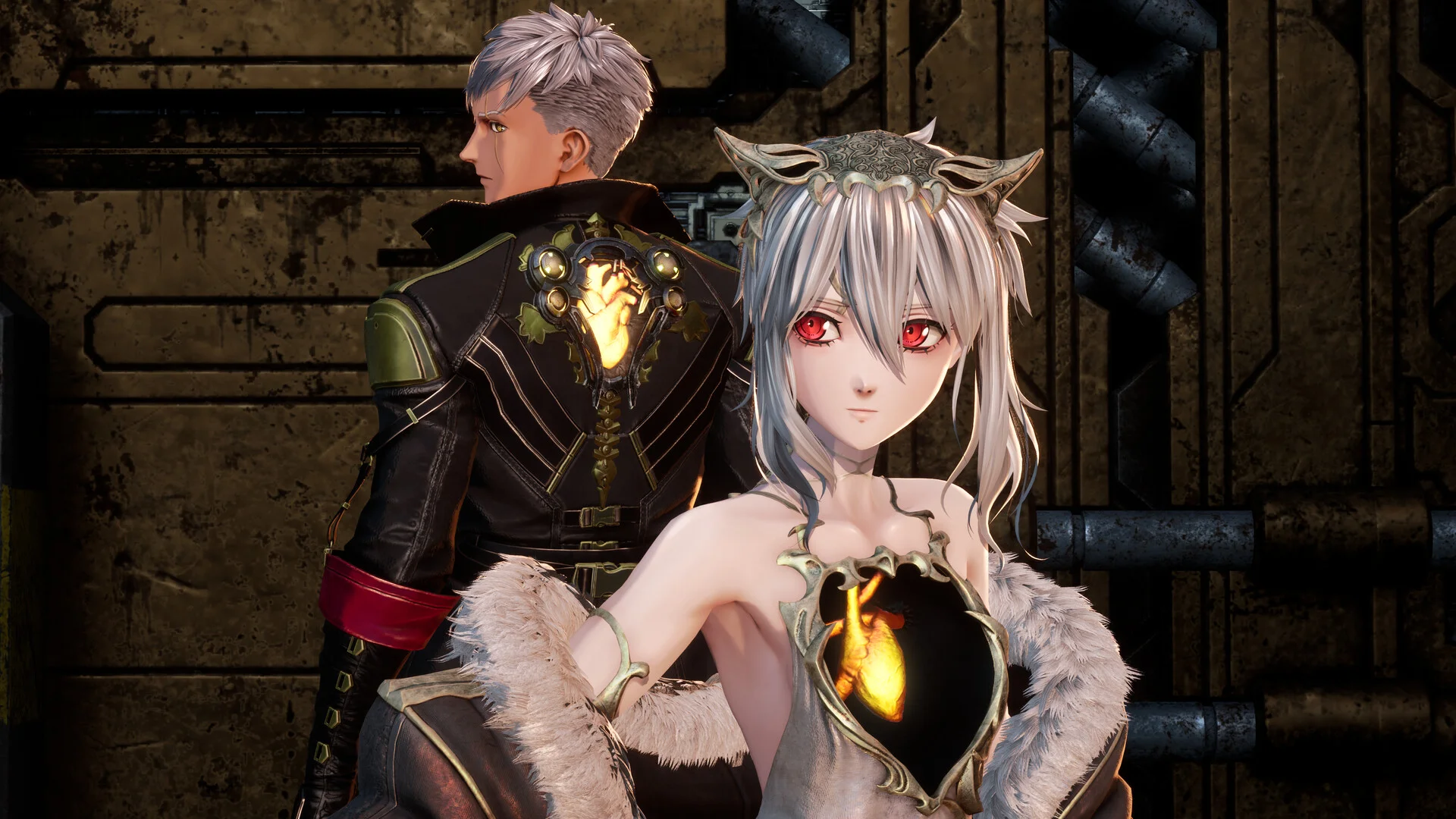 A white-haired woman with red eyes and a glowing heart-shaped core stands before a silver-haired fighter