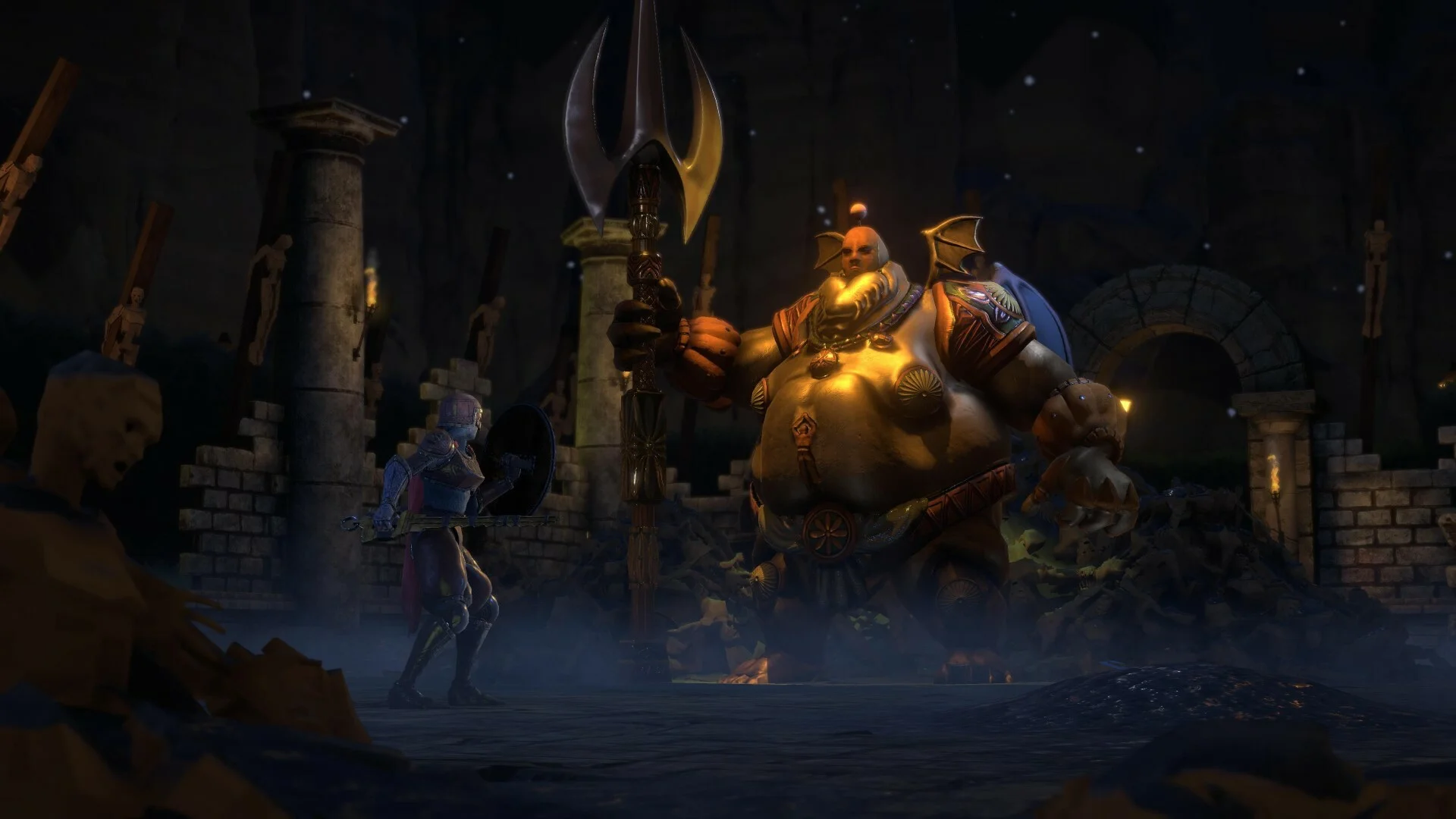 Knight with a shield facing a giant golden trident-wielding boss in starlit ruins