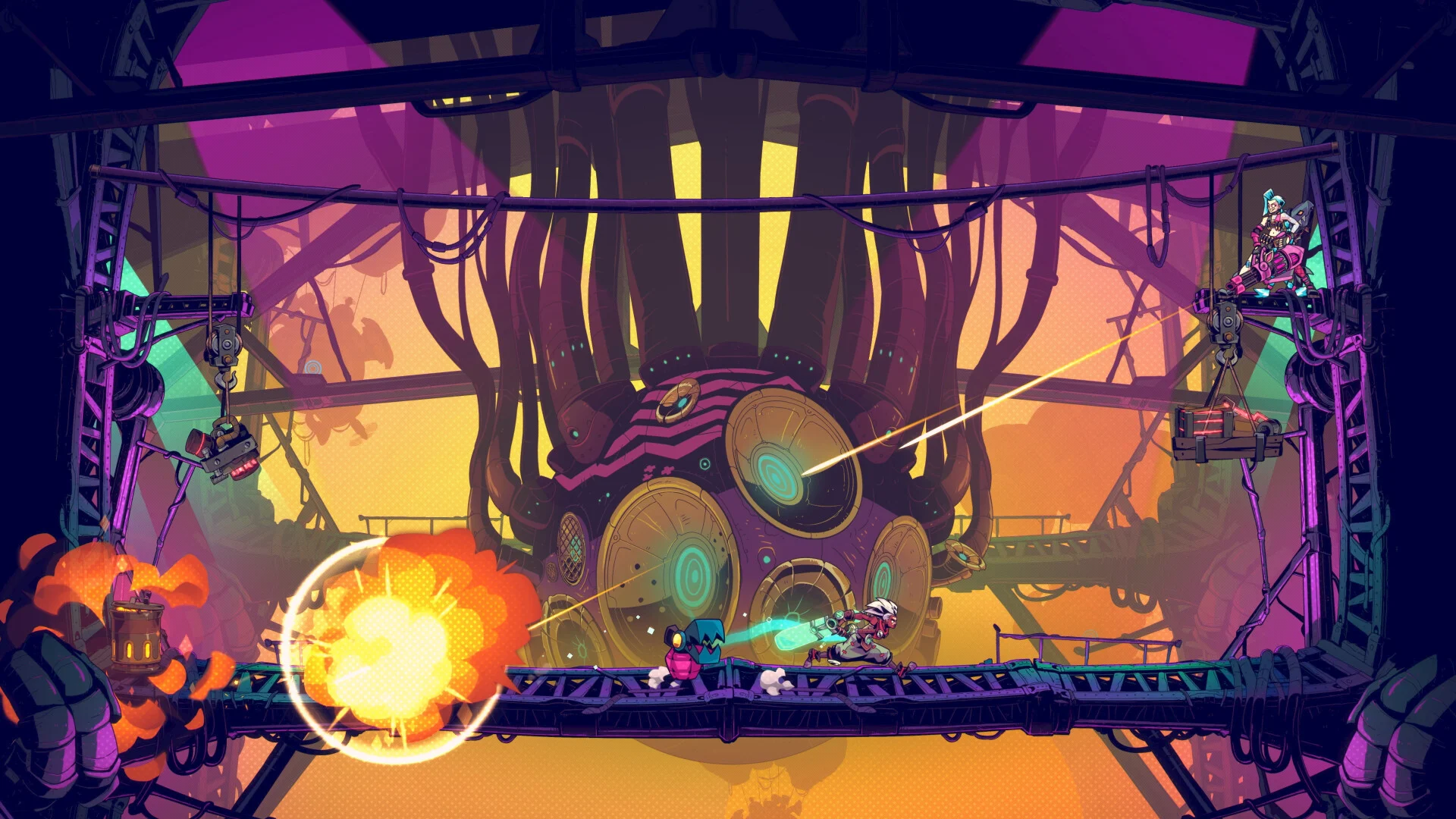 A bridge fight with an orange explosion