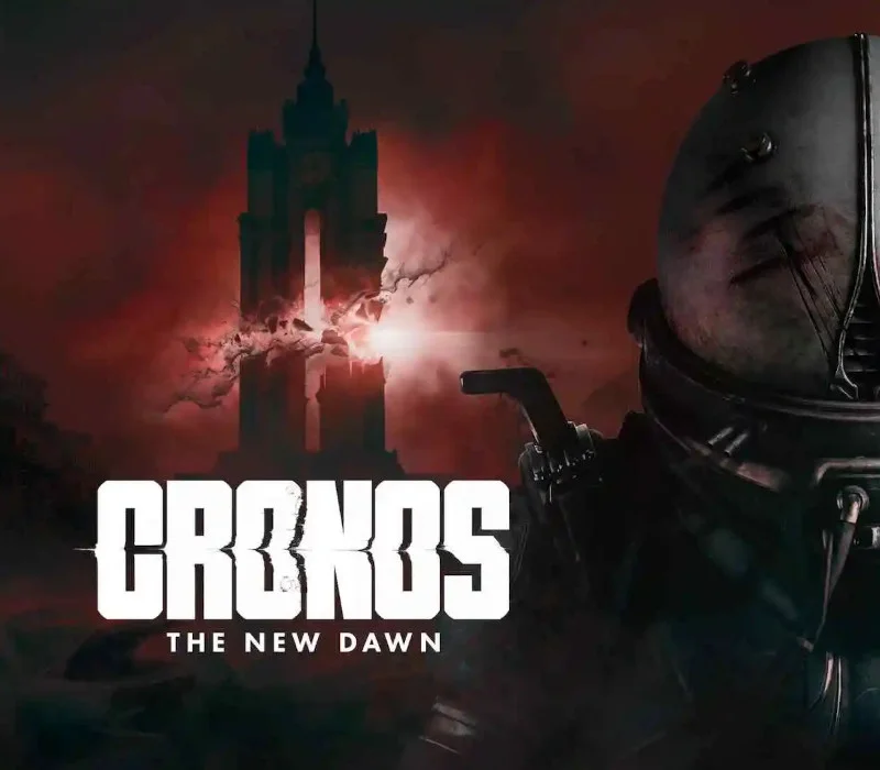 Cronos The New Dawn cover of a helmeted figure beside a clock tower splitting in red light