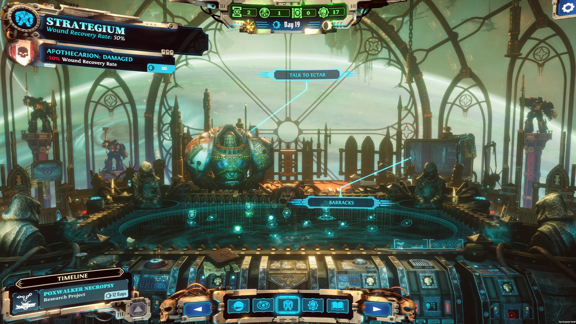 Ship Strategium with a seated Grey Knight, Talk to Ectar and Barracks holograms, Apothecarion marked damaged