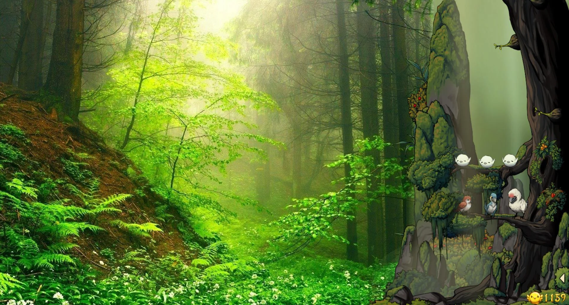 Misty fern forest, same moss tree overlay, extra blue bird, gold coin 159