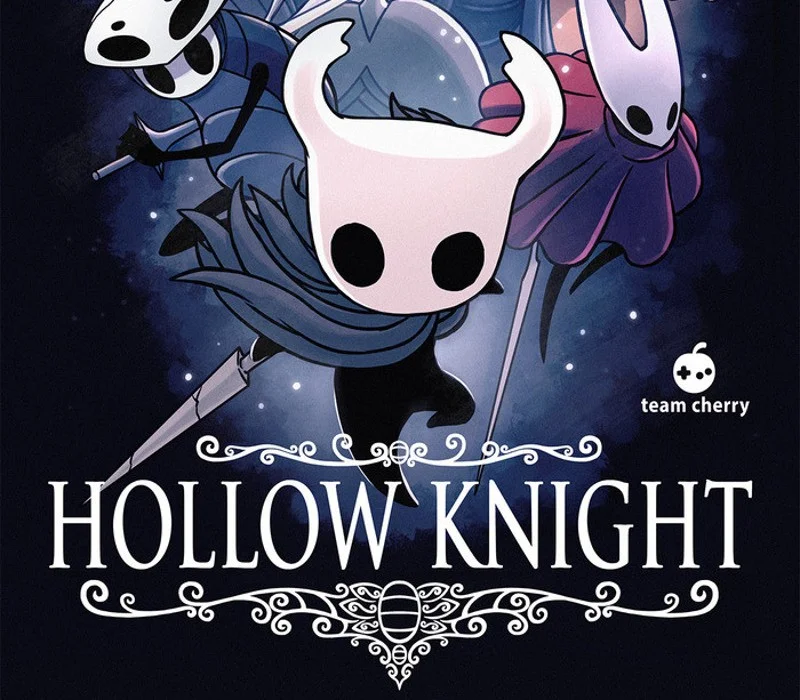 Hollow Knight cover of the Knight in a blue cloak with Hornet above and the white title