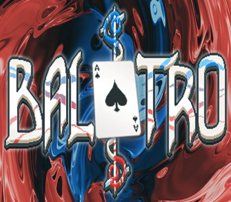 Balatro cover with white balloon lettering, an ace of spades in the O, and a dollar sign on a red-and-blue swirl