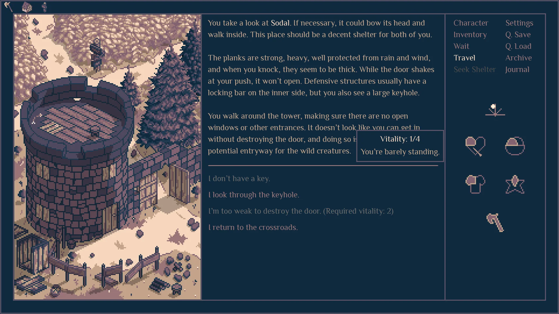 Round stone tower with a wooden shed, vitality 1 of 4 box, keyhole choices and inventory icons
