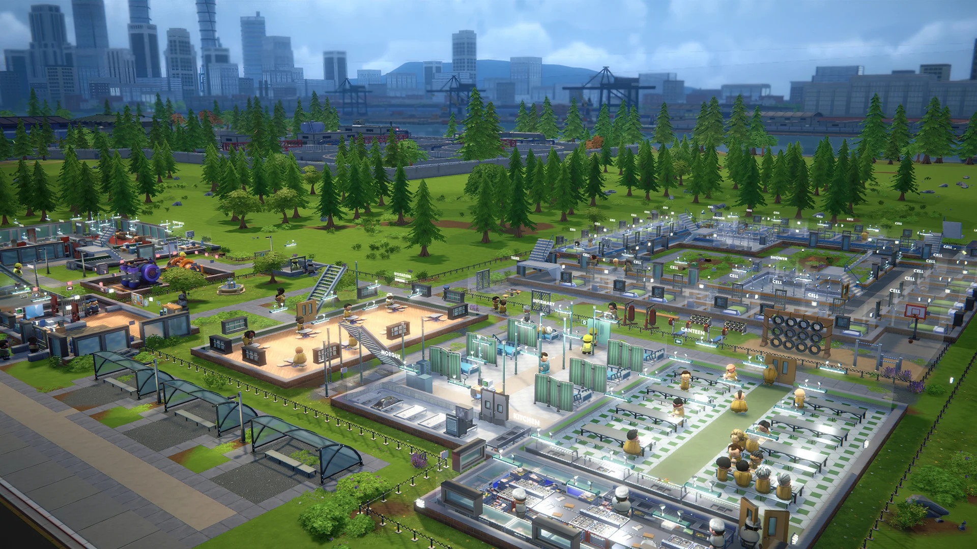 Prison Architect 2 3D prison yard with inmates and guard towers under construction cranes