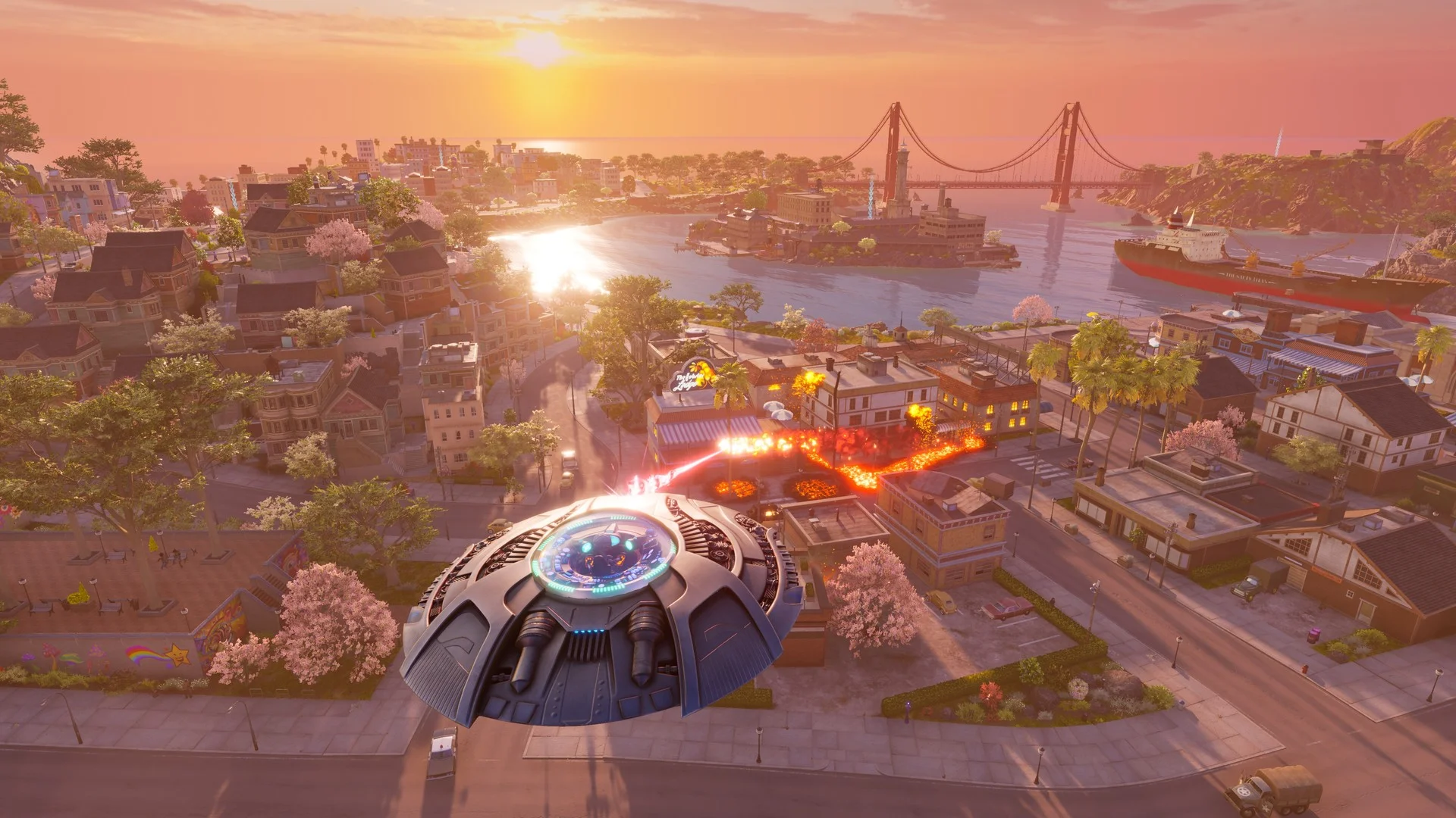 Grey saucer hovering over a sunset harbour city, firing a red beam that leaves a burning scar toward the water and a cargo ship