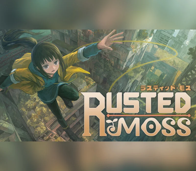 Girl in a yellow jacket and teal hoodie swinging on a yellow line above mossy ruins, Japanese ラスティッド・モス and RUSTED MOSS title