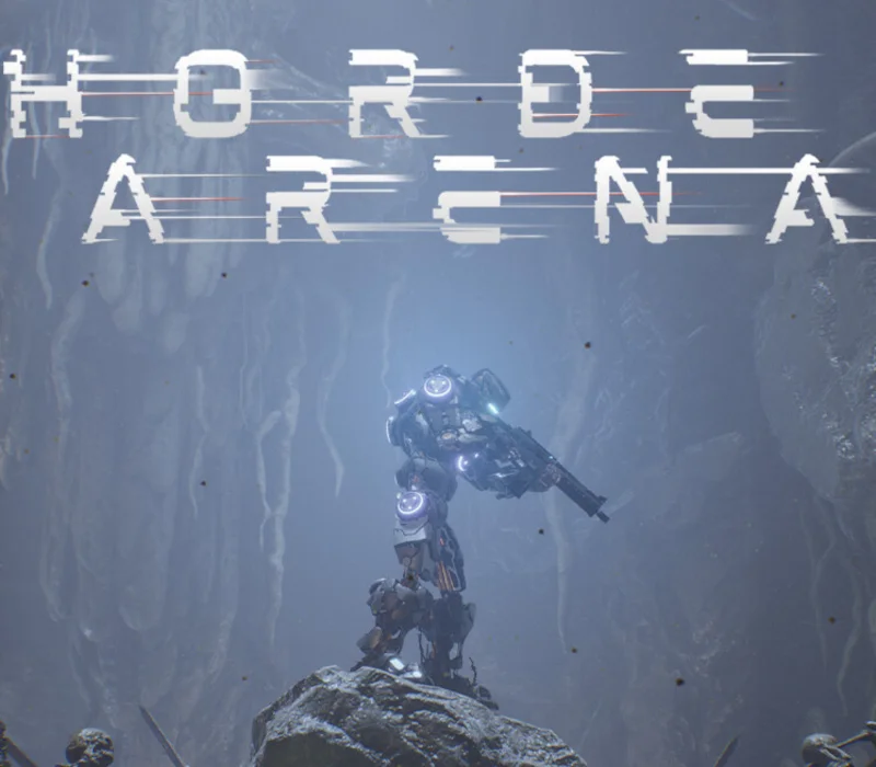 Armoured mech with glowing white rings standing on a rock in a misty blue canyon, Horde Arena in glitched white letters above