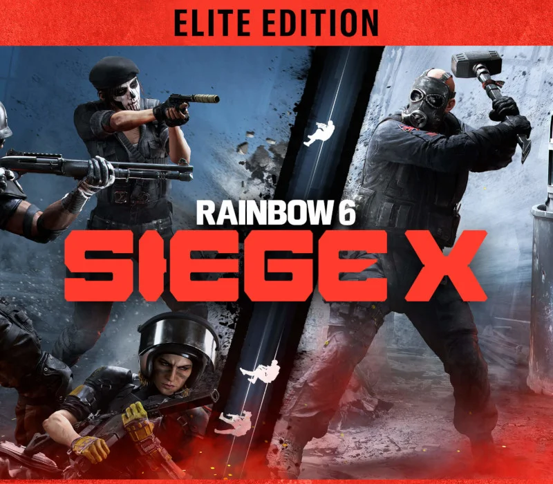 Okładka Rainbow Six Siege X Elite Edition, czworo operatorów, maska czaszki z pistoletem, młot i maska gazowa, hełm z przyłbicą na dole