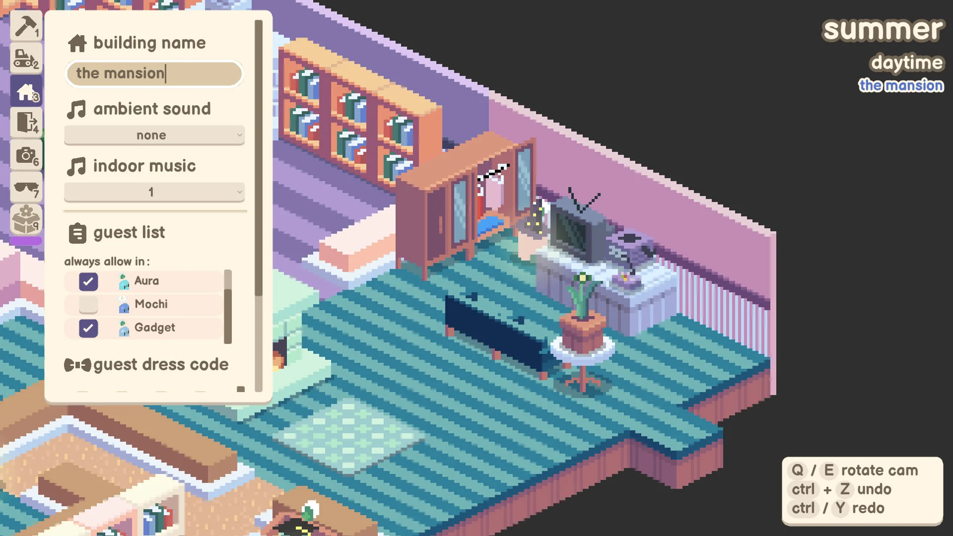 Interior labelled the mansion, guest list Aura Mochi Gadget, striped teal floor, TV, bookshelves, summer daytime
