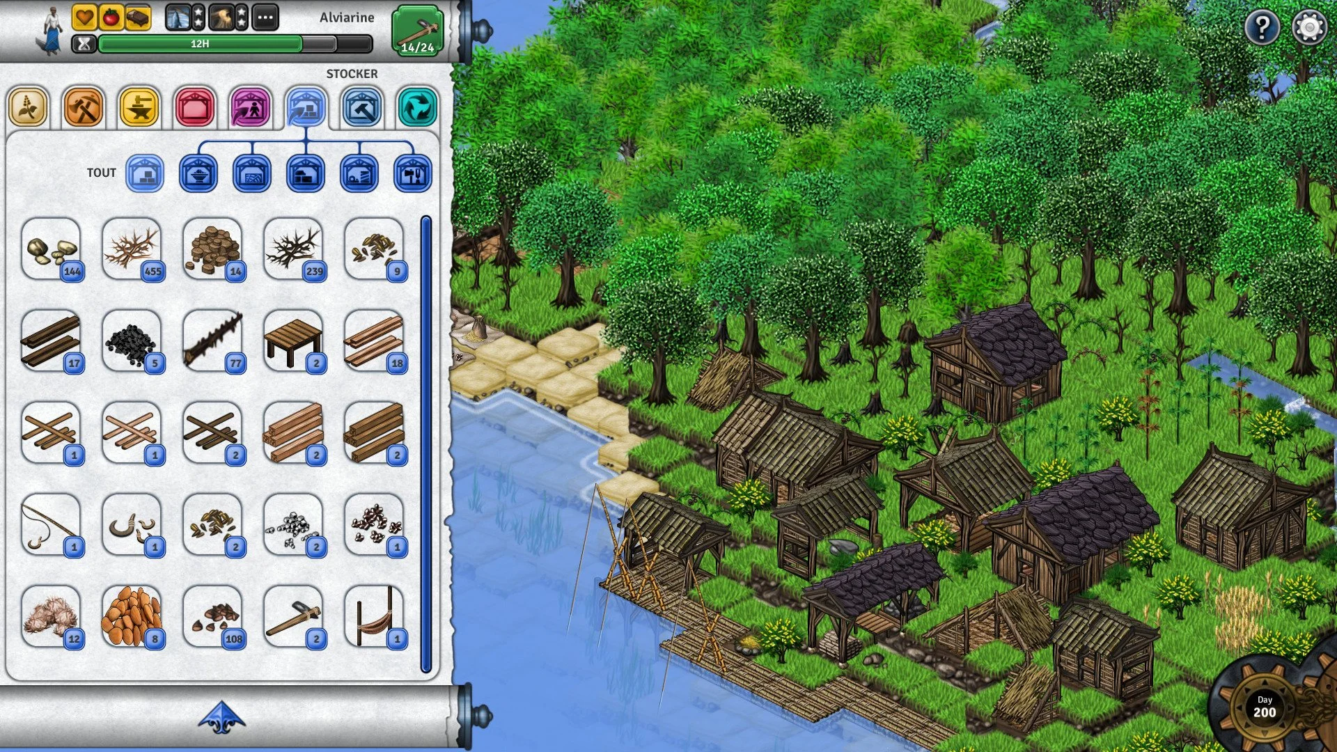 Seeds of Resilience stocker inventory over a lakeside wooden village