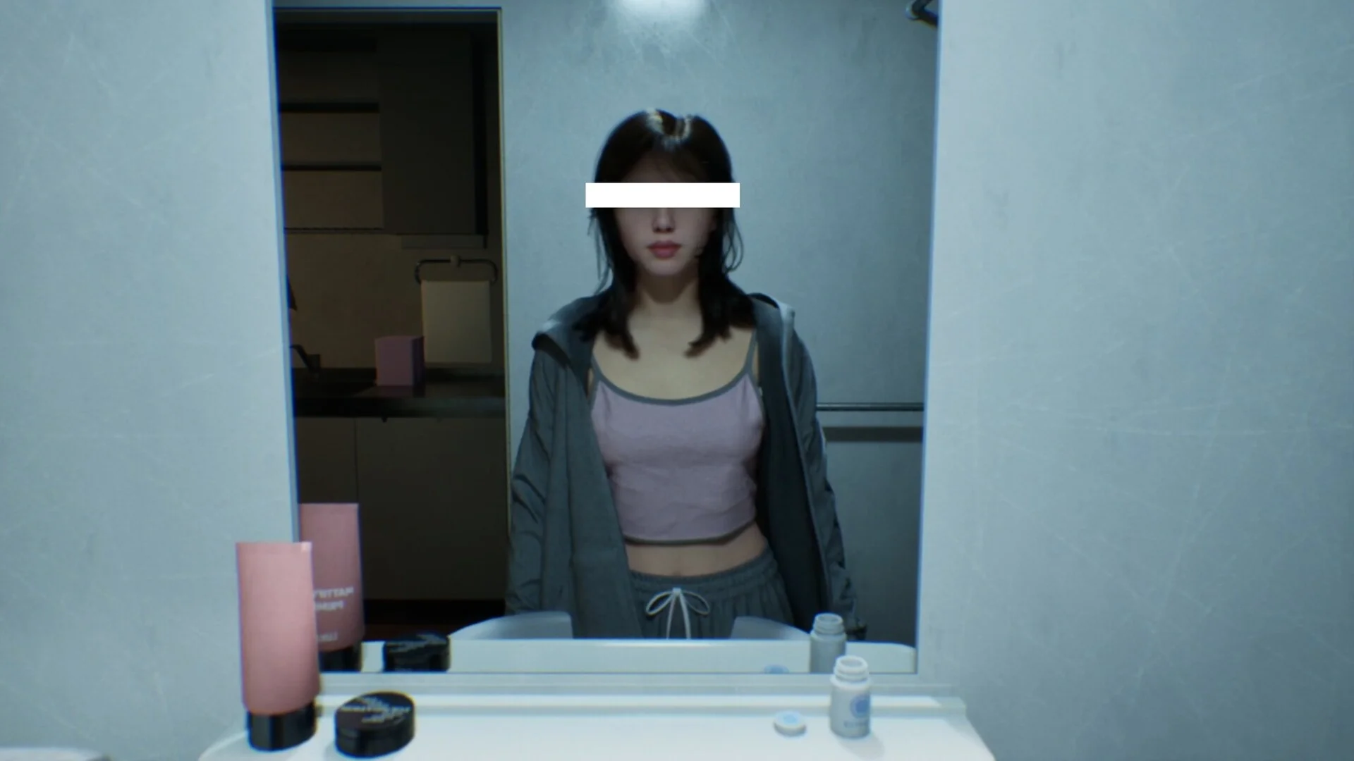 Bathroom mirror: pink crop, grey hoodie, white eye bar, pink bottle and pill tubs on sink