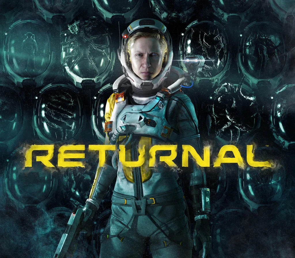 Returnal cover of Selene in a white-and-yellow spacesuit holding a pistol, yellow title