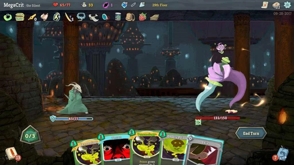 The Silent in a green cloak, 29th Floor, poison cards Venomology Terror Deadly Poison and Shiv versus a purple plant-dagger foe