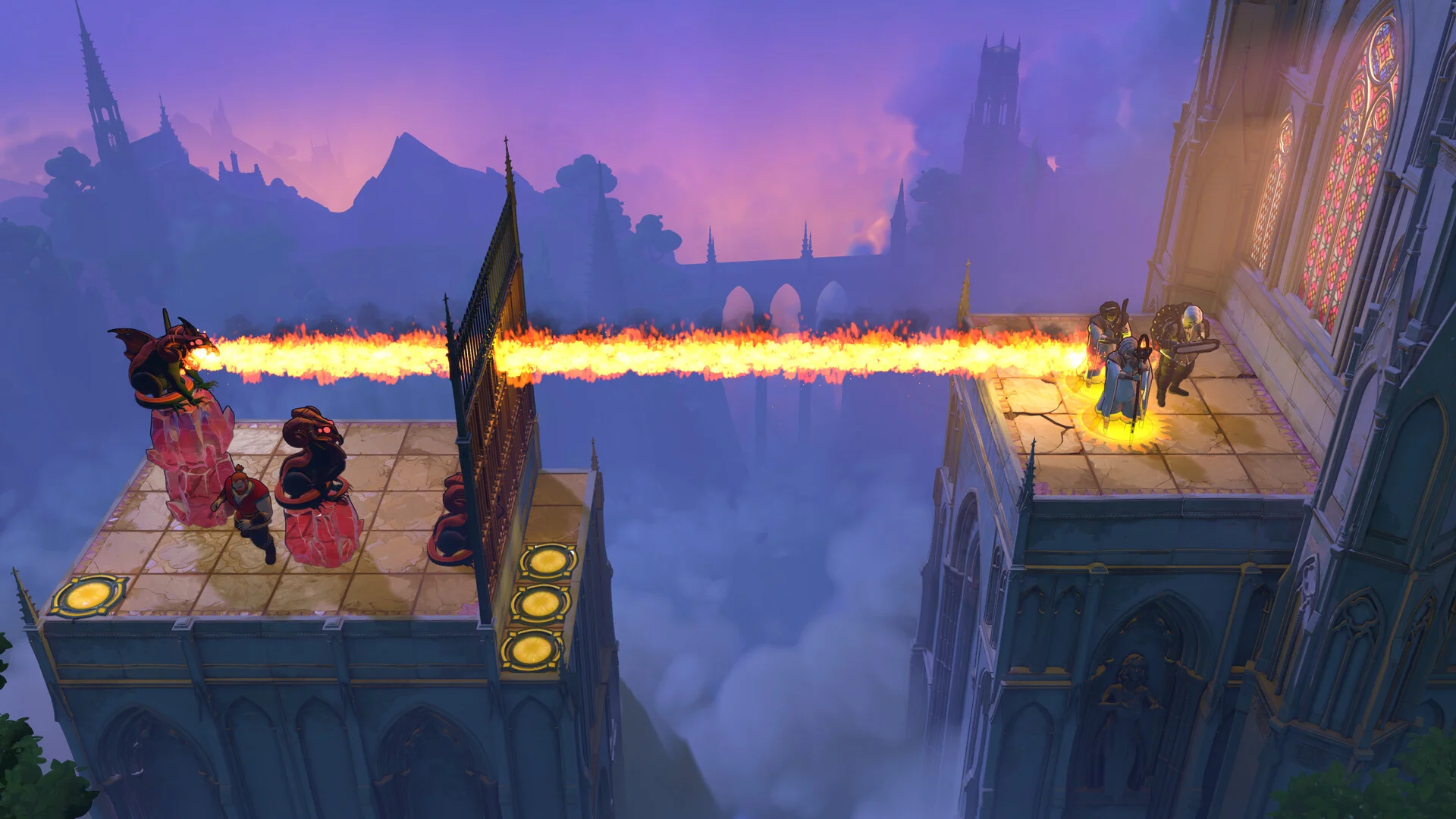 Two cathedral rooftops in fog, red dragons on pink crystals breathing a fire beam toward three figures on the right roof