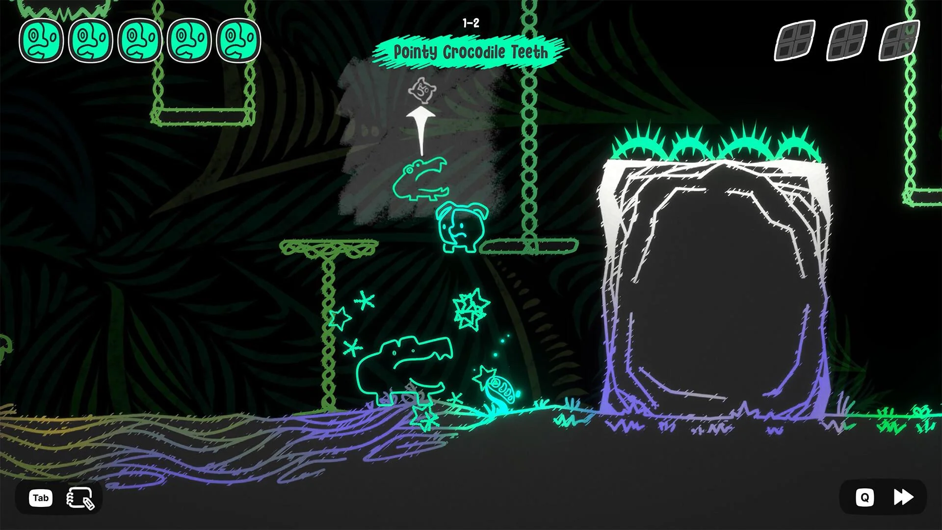 Mono beside a crocodile spirit and a thorn-covered platform