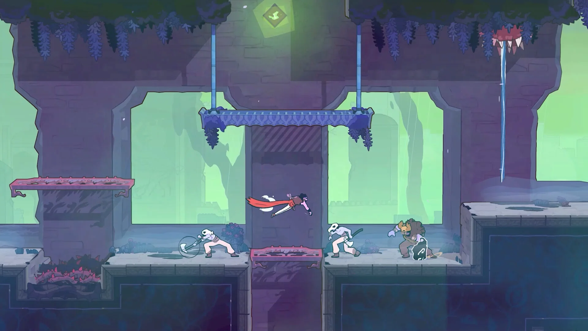 Prince mid-air over a red trap between two pale enemies, hanging blue platform above, green window light and hanging vines