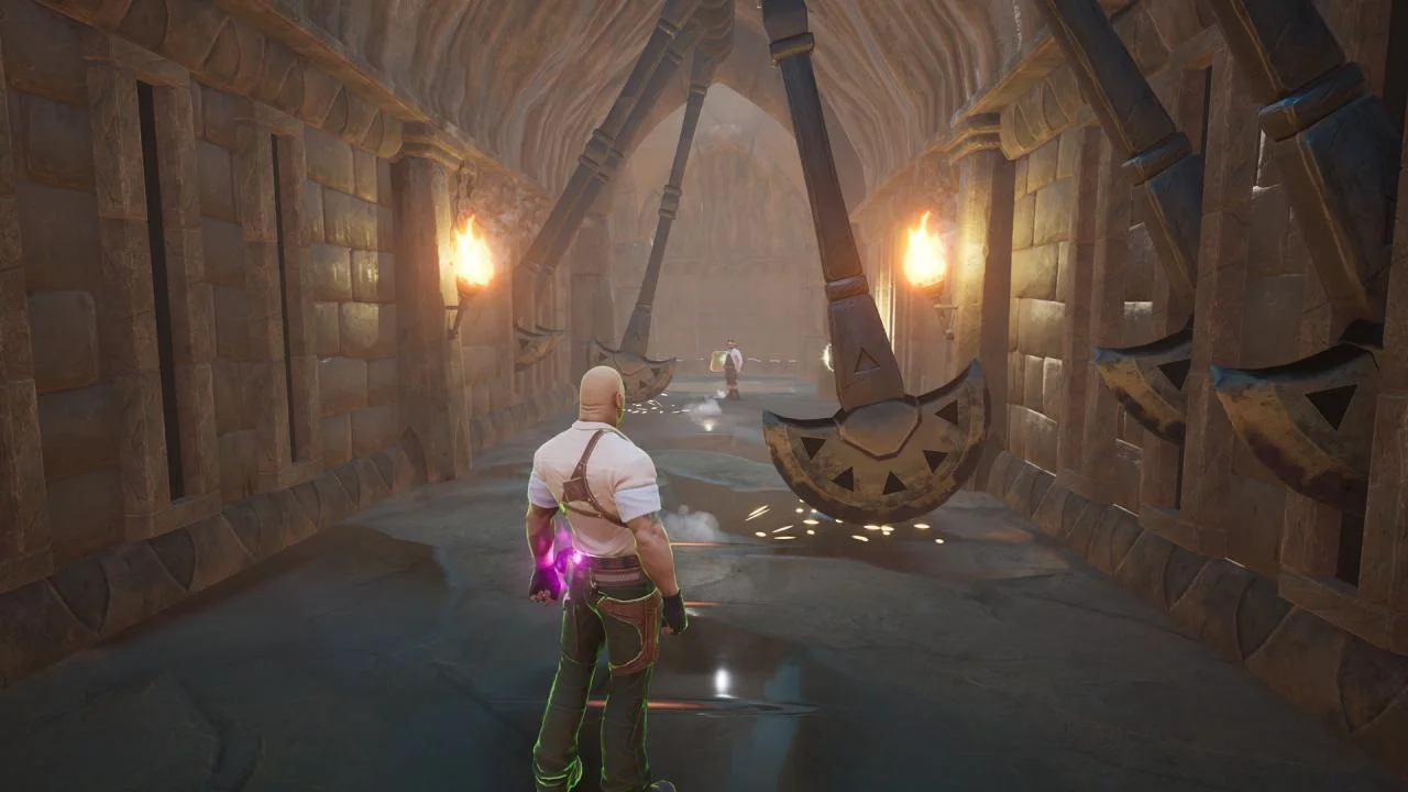 A character with a torch inside a stone corridor.