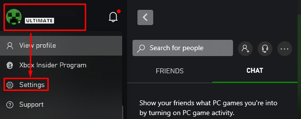 Xbox app profile settings