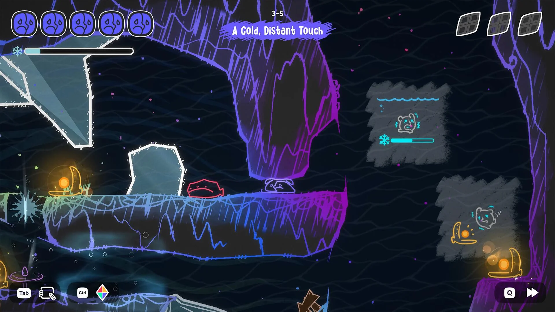 Mono crossing an icy cave with emotion creatures and puzzle symbols