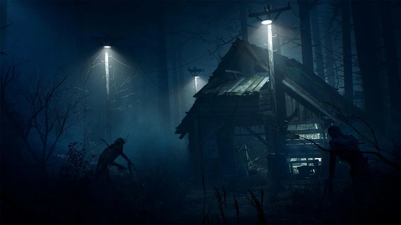 Night fog, wooden hut on stilts, three street lamps, thin creature reaching left, hooded figure on the right