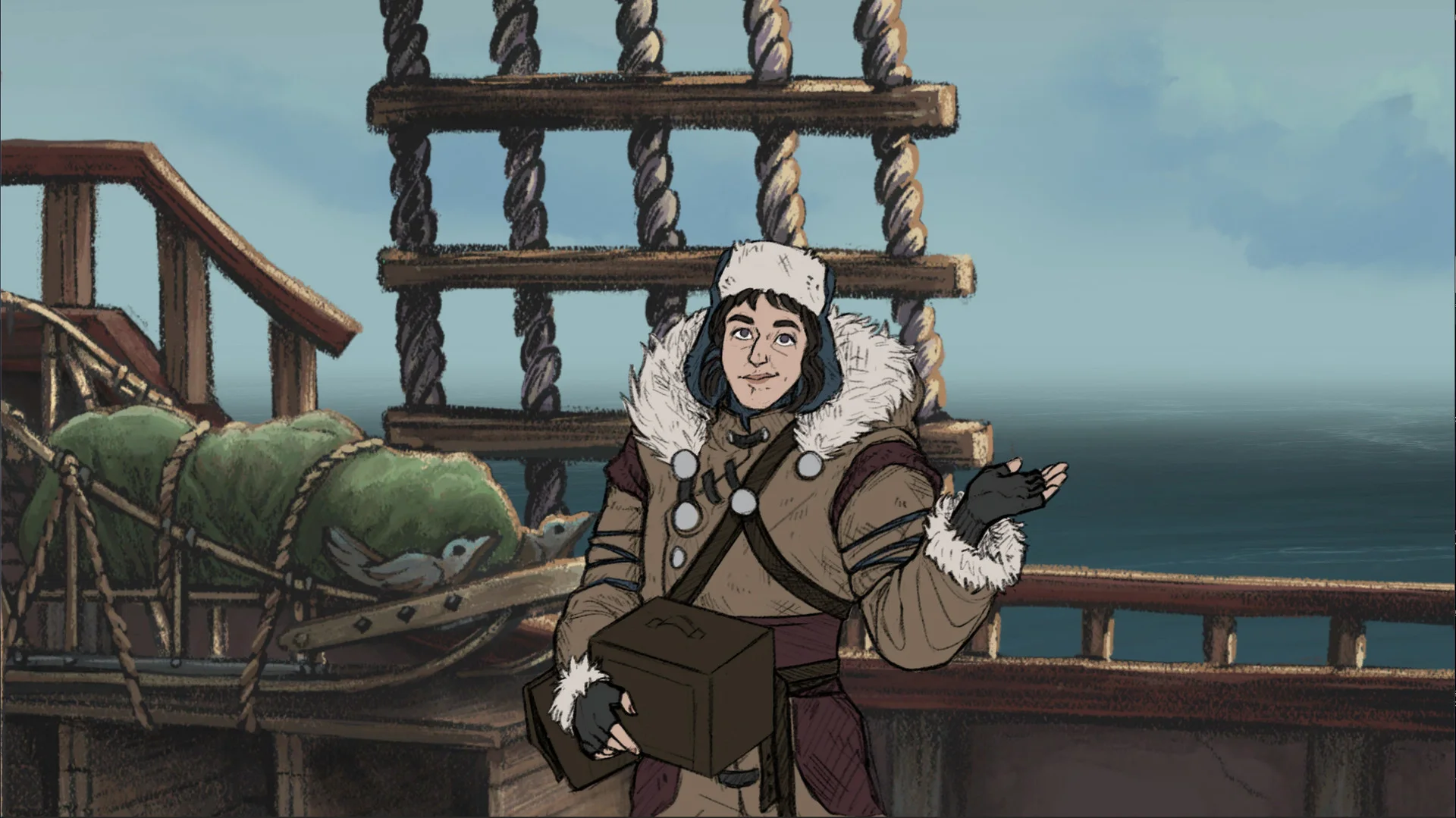 Smiling crew member in a fur-hooded anorak holds a brown crate on deck beside rope rigging, seabirds and a green tarp sled