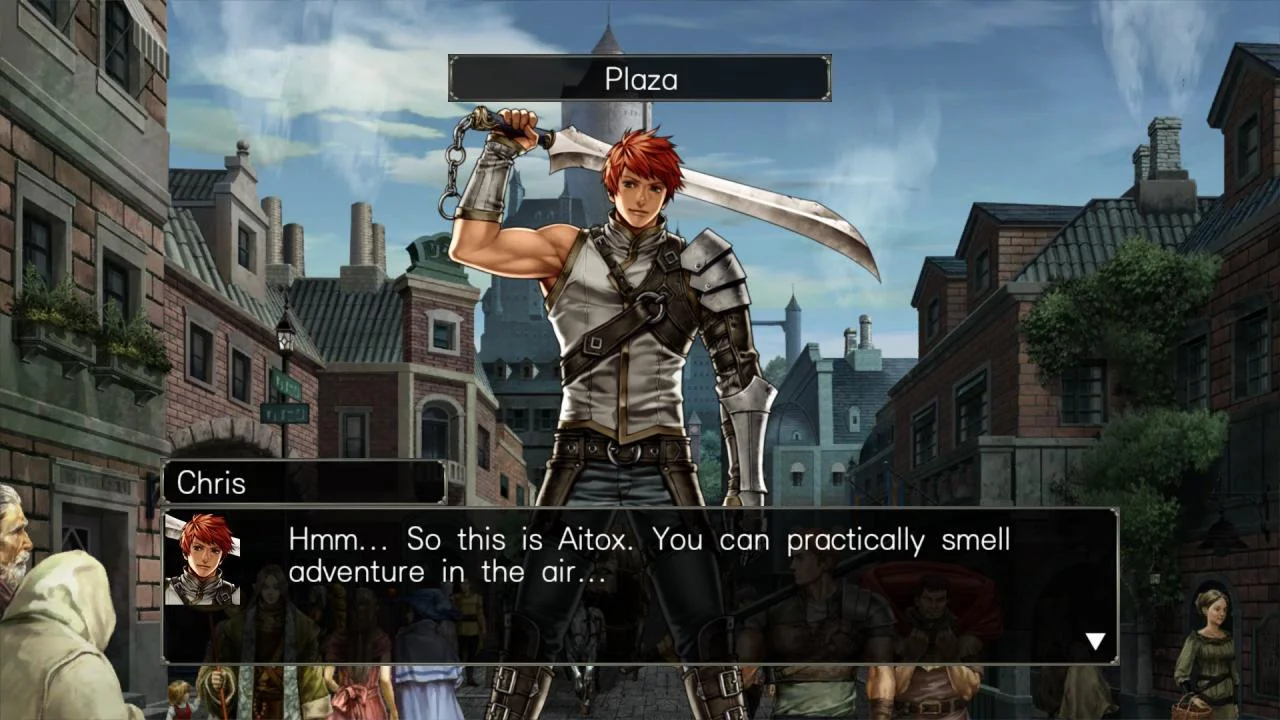 A red-haired fighter in a town, with dialogue about an inn.