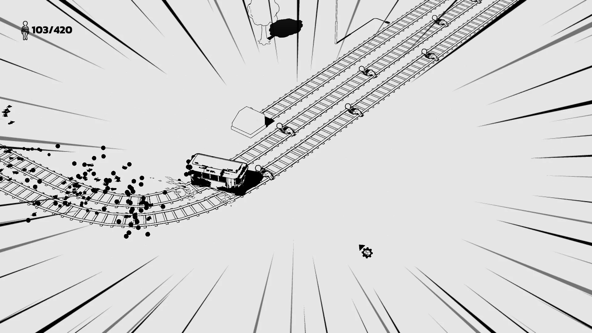Top-down curve of tracks, a trolley leaving a spray of black dots, stick figures tied on two parallel lines, counter 103/420