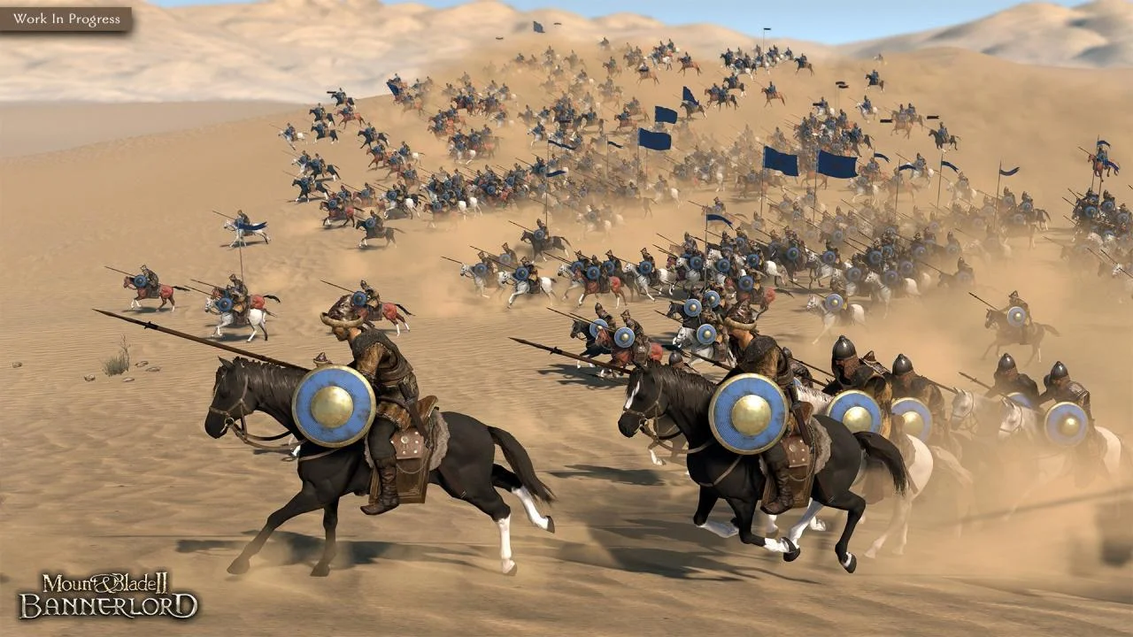Cavalry on dark horses with round blue-gold shields and lances charging dunes, a mass of riders kicking sand behind