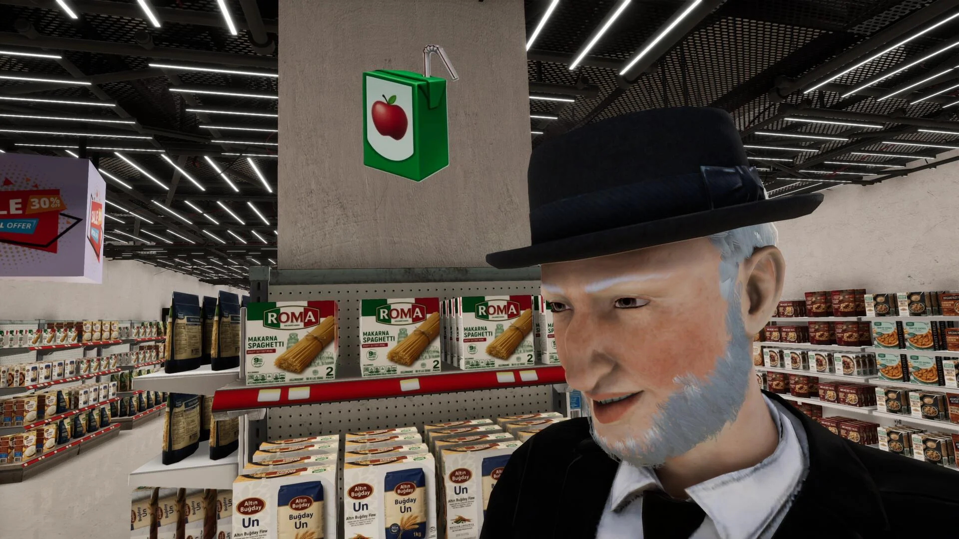 Starszy mężczyzna w ciemnym kapeluszu obok półek z makaronem w supermarkecie