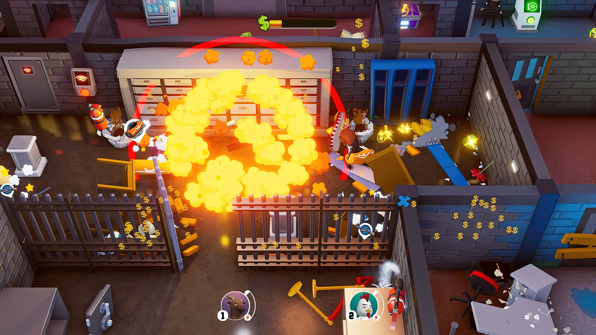 Explosion in a vault room while two animals crack a safe