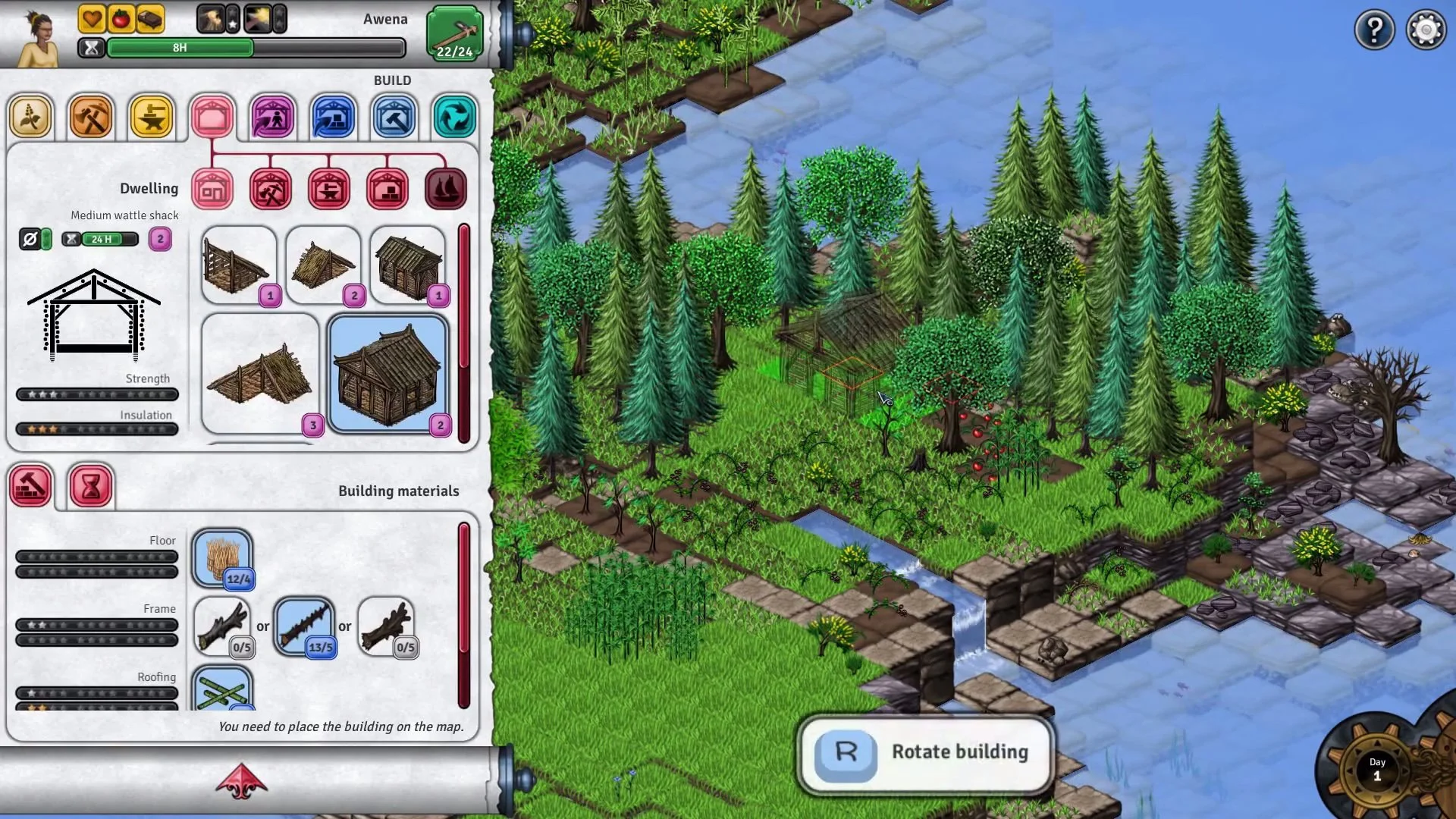 Seeds of Resilience dwelling build menu over a pine forest stream