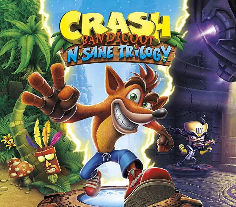 Cover: Crash leaping at camera, Aku Aku tiki left, Cortex in a purple lab right, N. Sane Trilogy wooden sign