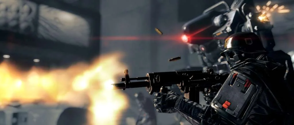 Helmeted soldier firing an SMG as brass flies, a red-eyed mech looming in fire behind him