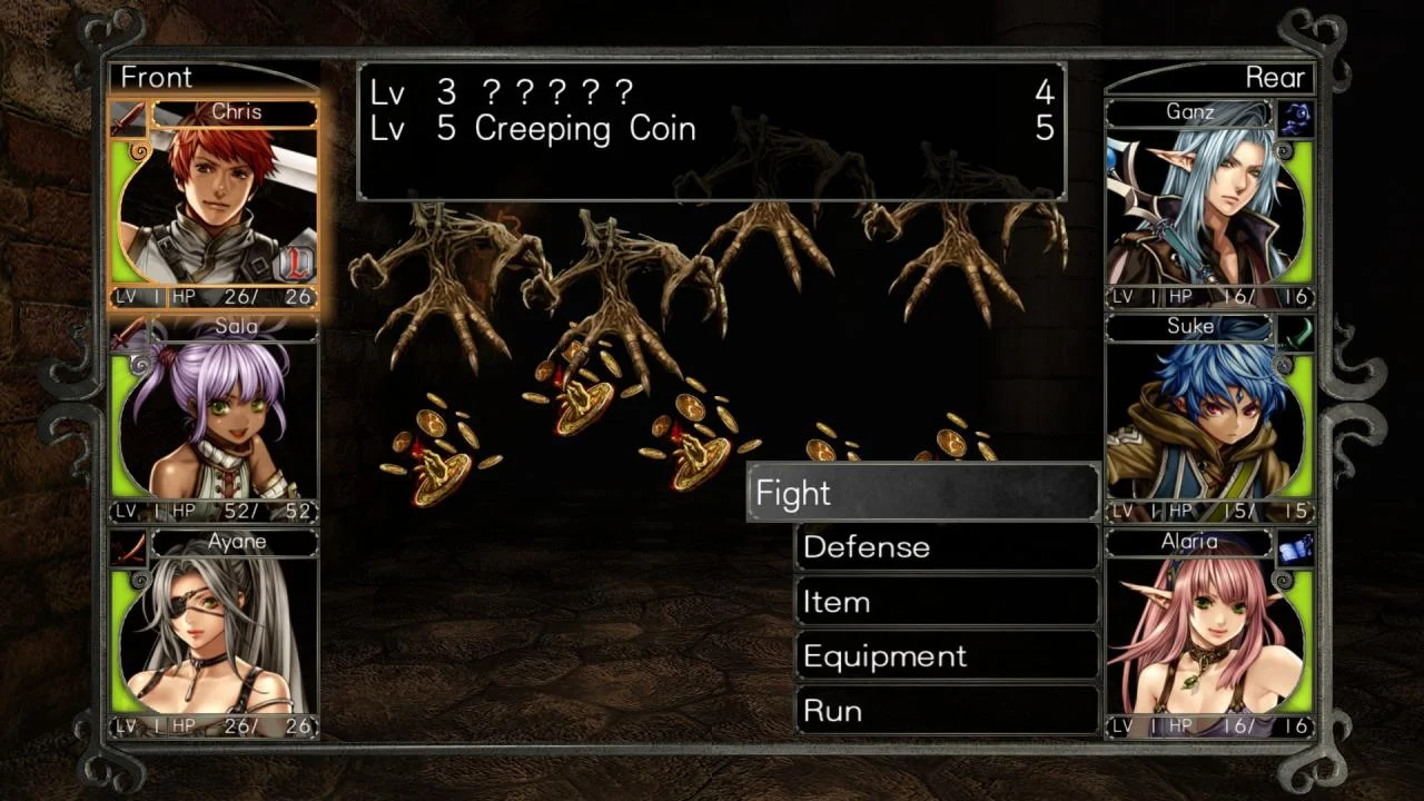 Inventory window listing a dripping coin beside party portraits.