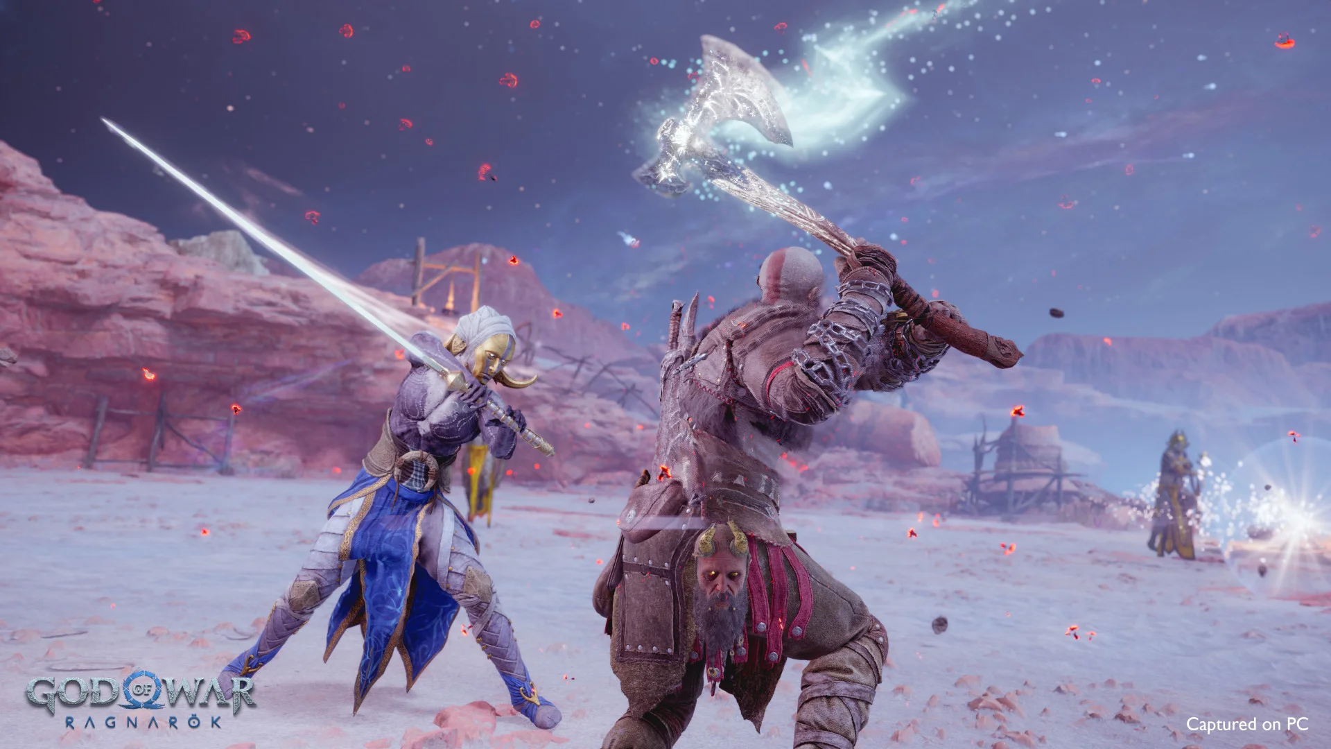 Kratos swings the Leviathan Axe at a sword fighter in a red desert