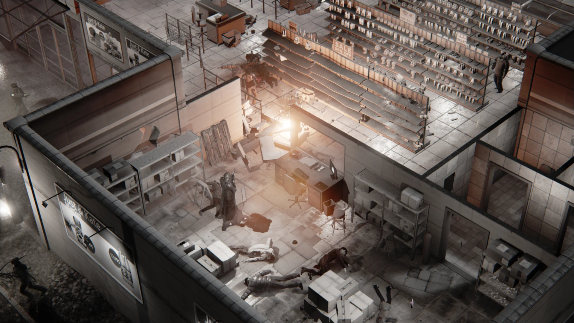Just & Kate store interior: isometric aisles, SALE 50% OFF sign, bodies on tile floor, muzzle flash from the back office