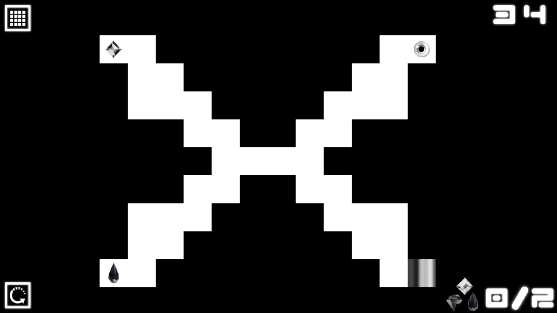 A white stair-path with an eye on the right, a diamond, a drop, and timer 34