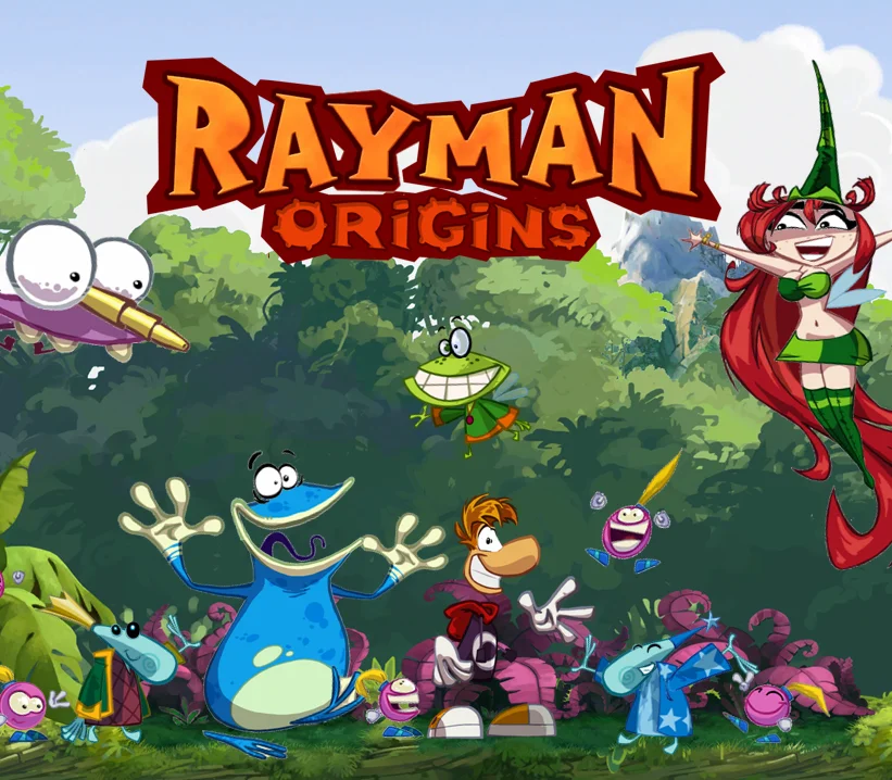Rayman Origins cover art, hand-drawn Glade of Dreams platformer