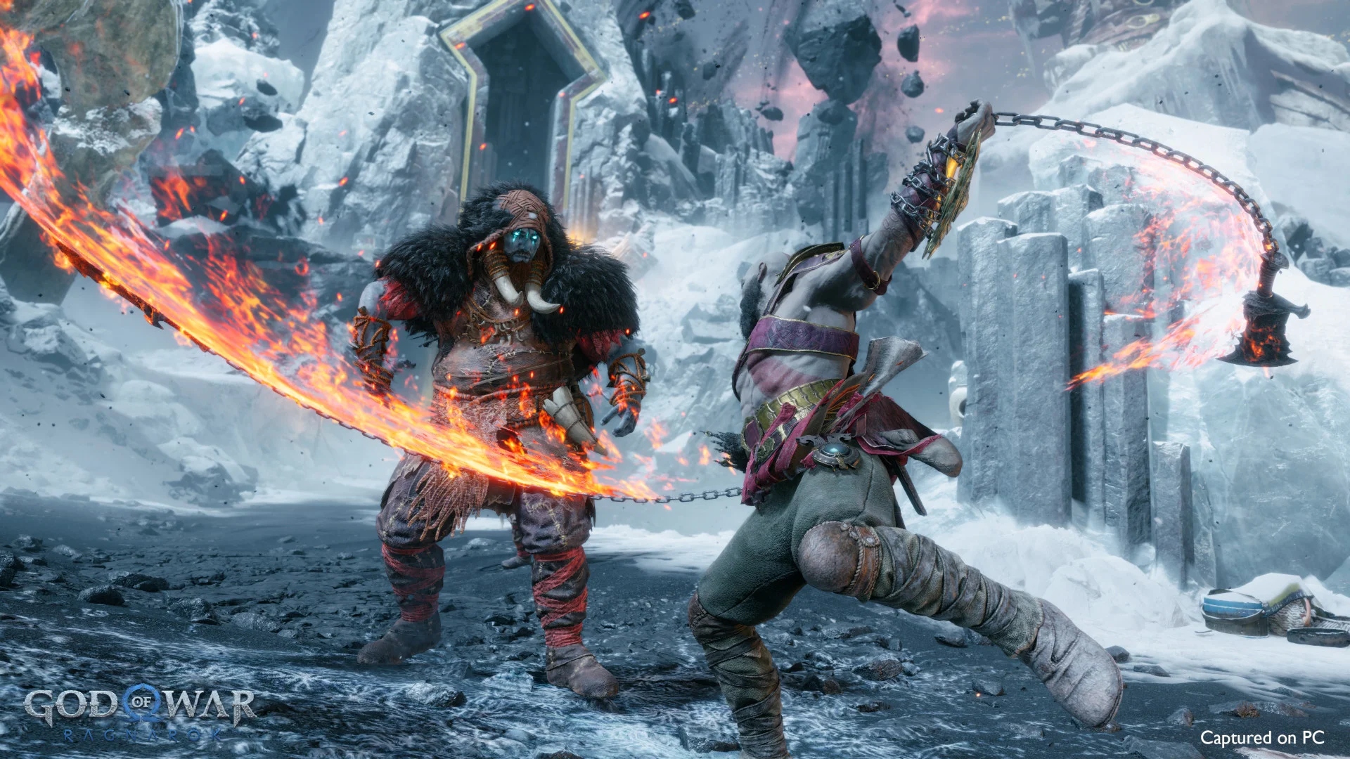 Kratos swings the flaming Blades of Chaos at a tusked fighter in the snow