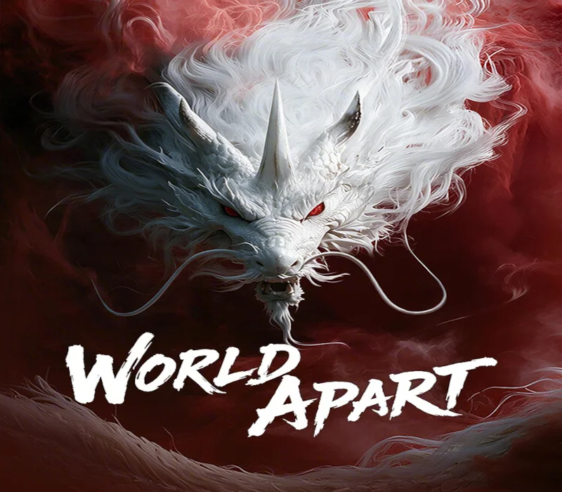 World Apart cover, white horned dragon with red eyes in crimson smoke, WORLD APART in white brush letters below