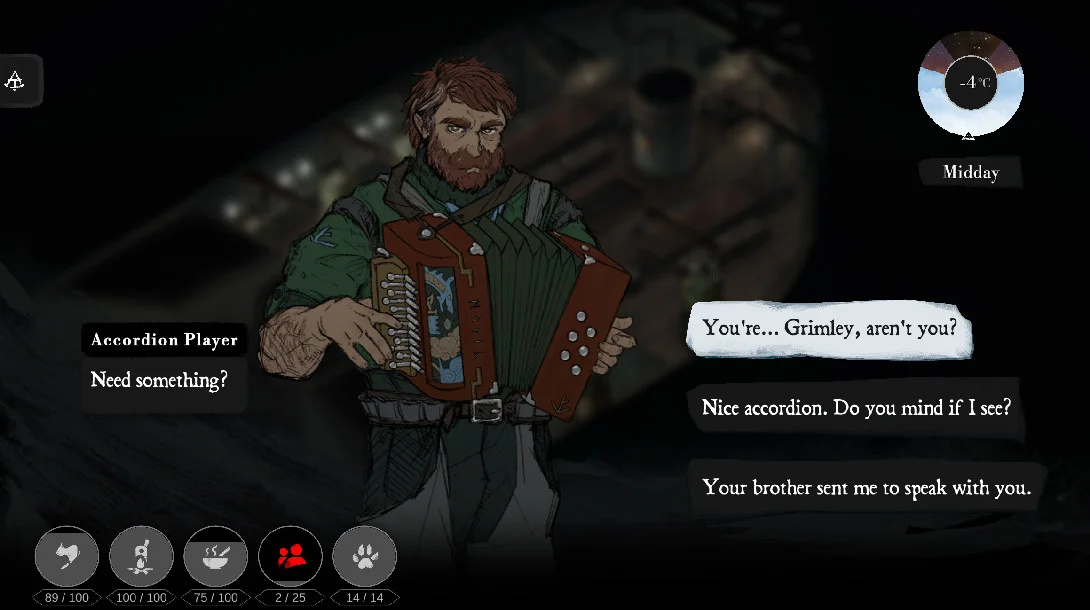 Red-bearded accordion player in green asks Need something, dialogue naming Grimley, -4°C Midday and crew resource icons below