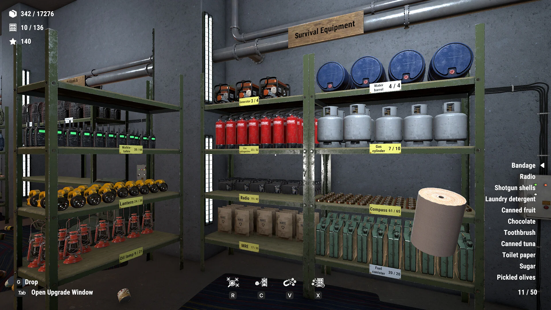 Round bunker hall from the mezzanine: floor of tins, dining table, HUD 14/17276, gas mask, Tab Open Upgrade Window