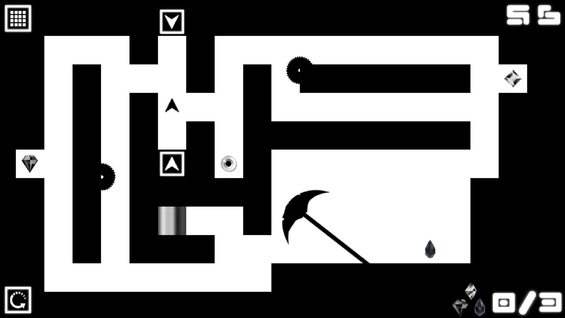 A white maze with saw blades, a swinging axe, arrow pads, and timer 55