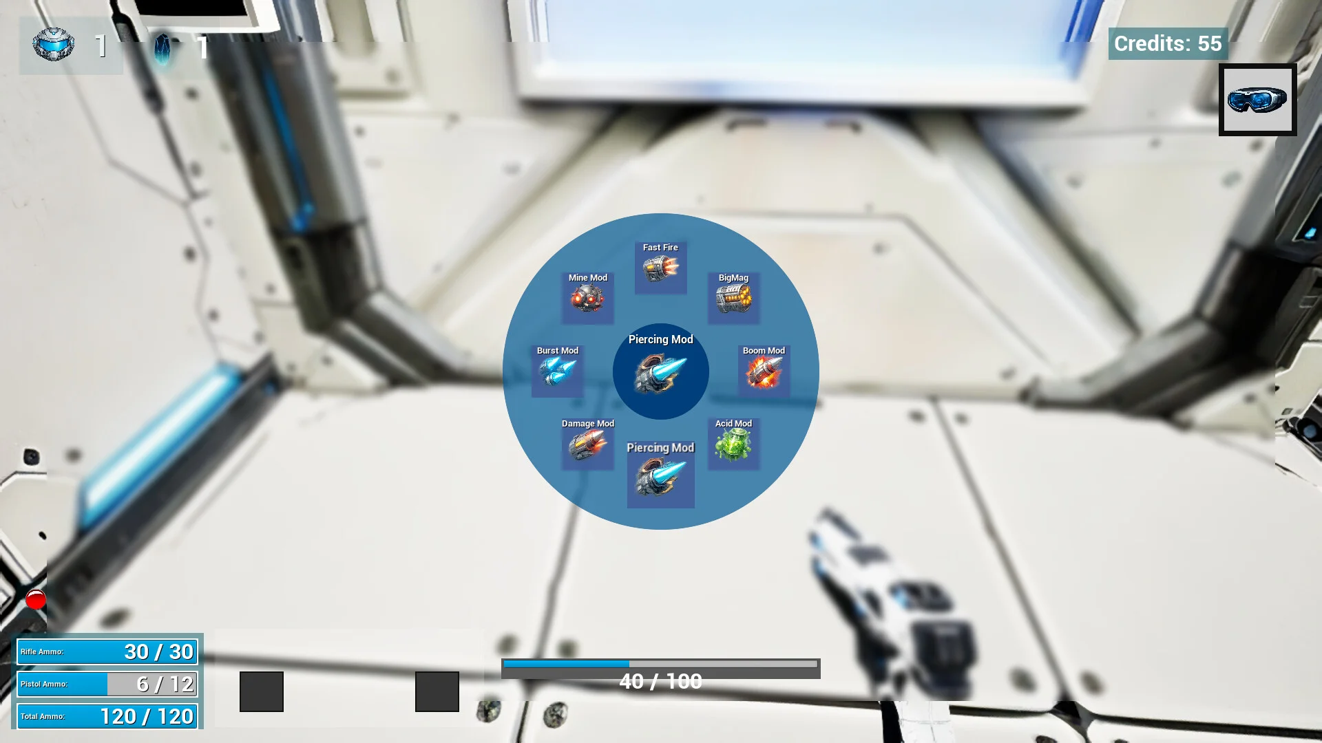 First-person pistol view with a circular weapon-mod menu open in a white corridor