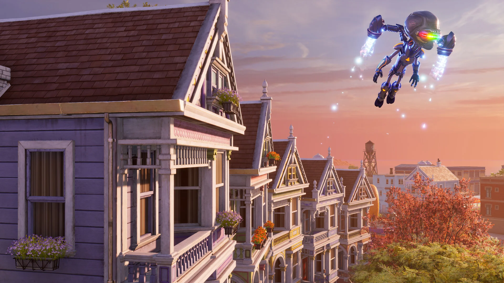 Row of purple and cream Victorian houses at dusk, Crypto flying past with rainbow visor and jet boots, autumn trees below