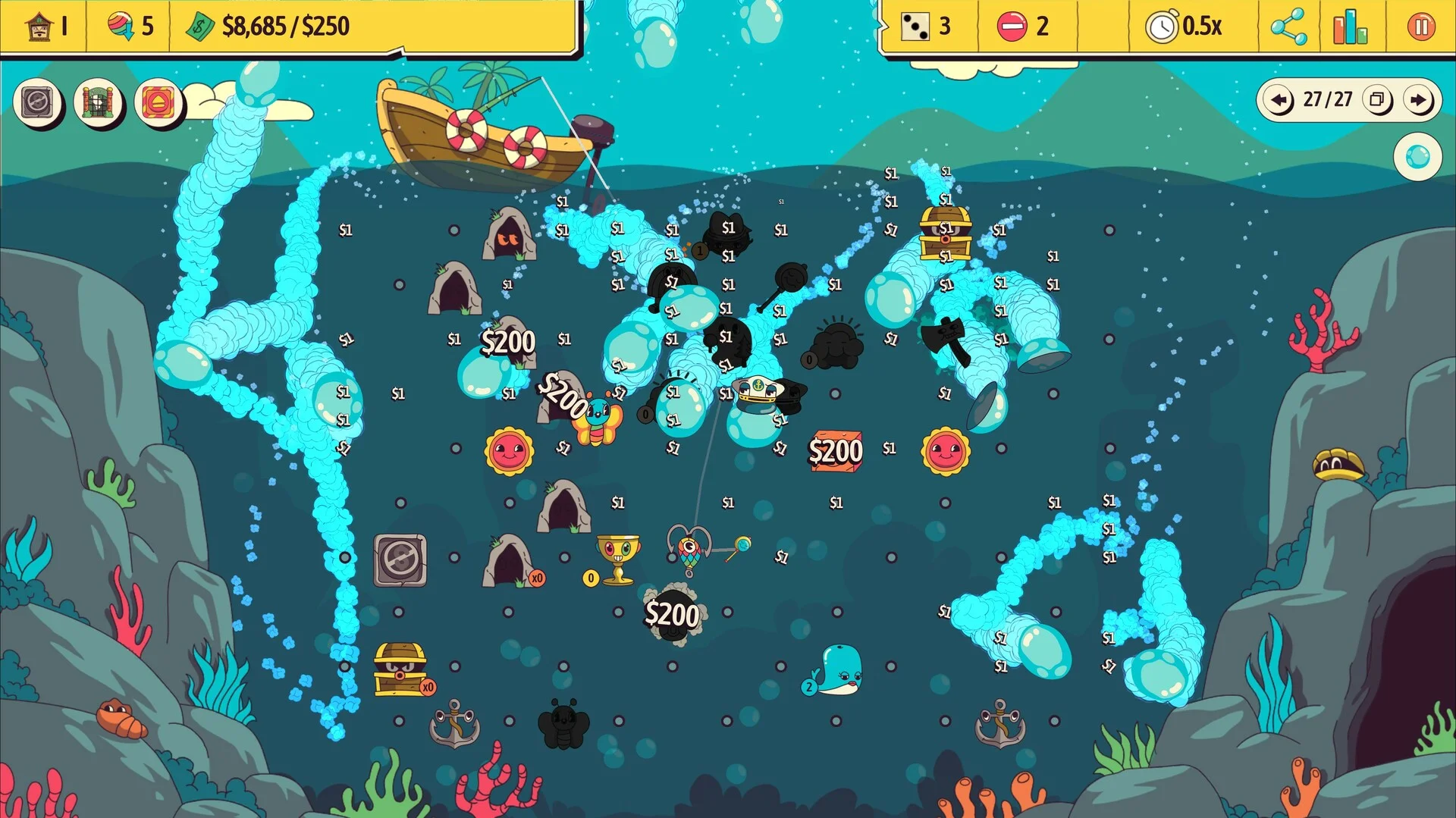 Underwater board: wooden boat, cave mouths, cyan bubble trails, $200 hits and coral