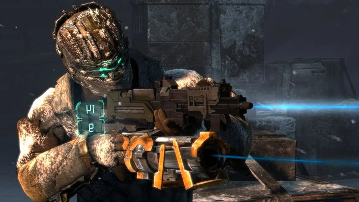 Dead Space 3 Isaac climbing a frozen Tau Volantis ridge